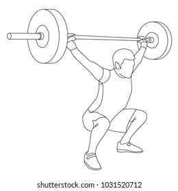 Muscular man-weightlifter doing squat and raising the barbell to overhead position isolated on white. Linear vector illustration.