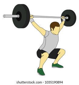 Muscular man-weightlifter doing squat and raising the barbell to overhead position. Colored vector illustration isolated on white background.