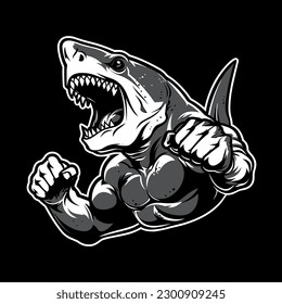 Muscular mean looking anthropomorphic shark man hybrid creature.