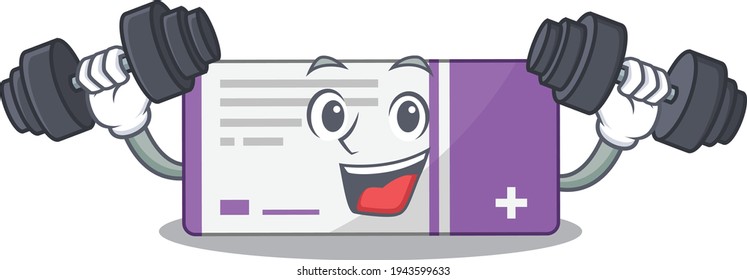 Muscular medicine box mascot design with barbells during exercise. Vector illustration