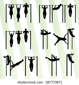 Muscular men doing pull ups bodybuilding fitness set vector background concept