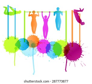 Muscular men doing pull ups bodybuilding fitness vector background concept with color splashes