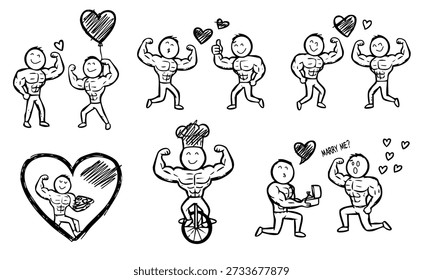 Hombres musculosos que flexionan y una escena romántica de la propuesta en estilo minimalista del doodle