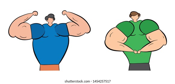 Muscular men show their muscles, hand-drawn vector illustration. Black outlines and colore.