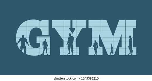 Muscular men silhouettes on gym word. Bodybuilding relative image
