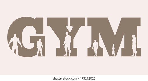 Muscular men silhouettes on gym word. Vector silhouette. Bodybuilding relative image