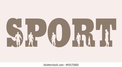 Muscular men silhouettes on sport word. Vector silhouette. Bodybuilding relative image