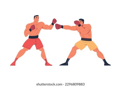 Muscular men in sportswear and boxing gloves throwing punches at each other cartoon vector illustration