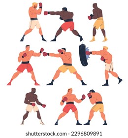 Muscular men in sportswear and boxing gloves fighting or training on ring set cartoon vector illustration