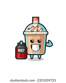 the muscular milkshake character is holding a protein supplement , cute style design for t shirt, sticker, logo element