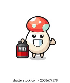 the muscular mushroom character is holding a protein supplement , cute style design for t shirt, sticker, logo element