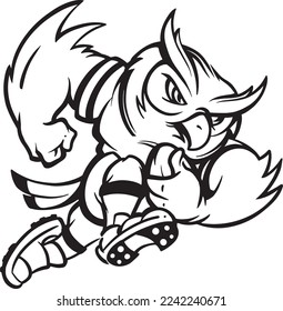 A muscular owl mascot running with a rugby ball