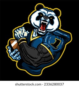 muscular panda bear mascot holding football for school, college or league