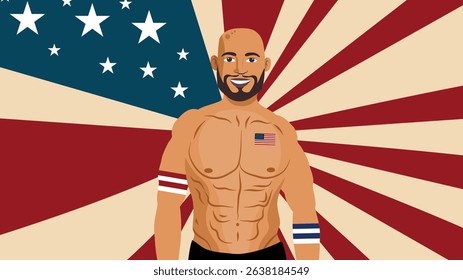 Muscular Patriotic Man with American Flag and Star Background Representing Strength and Freedom