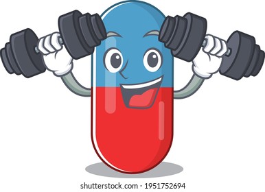 Muscular pills drug mascot design with barbells during exercise. Vector illustration