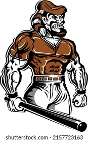 muscular pioneer mascot holding a baseball bat for school, college or league