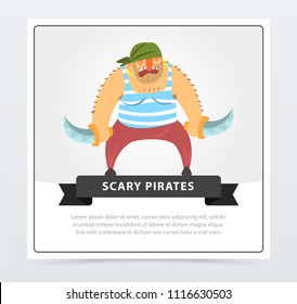 Muscular pirate, bearded filibuster with sabers scary pirates banner, flat vector ilustration