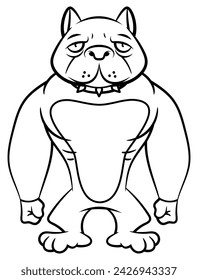 Personajes musculosos de dibujos animados de Pitbull Dog con collar de perro y de pie como guardián. Ideal para el contorno, logotipo y libro para colorear con temas para mascotas