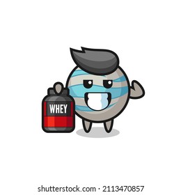 the muscular planet character is holding a protein supplement , cute style design for t shirt, sticker, logo element