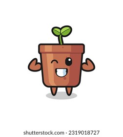 the muscular plant pot character is posing showing his muscles , cute style design for t shirt, sticker, logo element