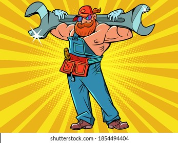 Muscular plumber with a monkey wrench. Comic cartoon retro drawing