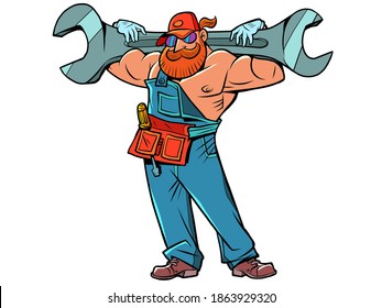Muscular plumber with a monkey wrench. Comic cartoon retro drawing