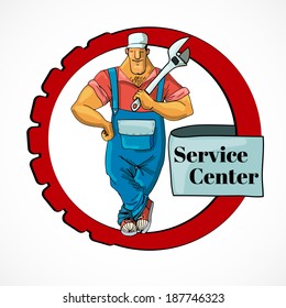 Muscular plumber service center worker in frame with monkey wrench character vector illustration