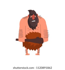 Muscular primitive caveman with club, stone age prehistoric man character cartoon vector Illustration on a white background