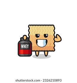 the muscular raw instant noodle character is holding a protein supplement , cute style design for t shirt, sticker, logo element