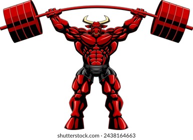 Muscular Red Bull Bodybuilder Mascot Lifting Big Barbell. Vector Hand Drawn Illustration Isolated On Transparent Background