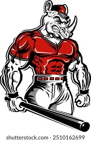 muscular rhino mascot holding baseball bat for school, college or league sports