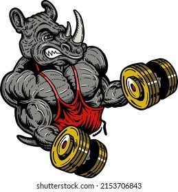 muscular rhino mascot lifting weights for school, college or league