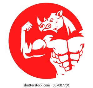 Muscular Rhino Silhouette On Red Circle
