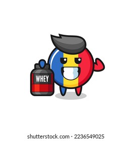 the muscular romania flag badge character is holding a protein supplement , cute style design for t shirt, sticker, logo element