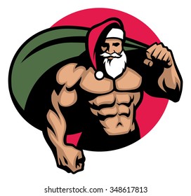 Muscular Santa claus bring a bag full of christmas gift