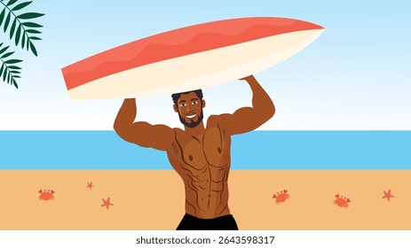 Muscular shirtless man raising surfboard confidently at tropical beach