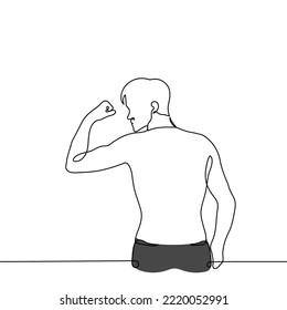 muscular shirtless man stands with his back to the viewer and demonstrates the muscles on his arm - one line drawing vector. concept athlete topless, handsome man shows off his body