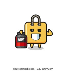 the muscular shopping bag character is holding a protein supplement , cute style design for t shirt, sticker, logo element