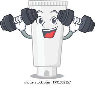 Muscular shower gel mascot design with barbells during exercise. Vector illustration