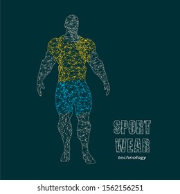 Muscular single man standing in sportswear. Concept of sport, bodybuilding, healthy lifestyle. Molecule and communication style icon. Connected lines with dots.