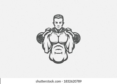 Muscular sportsman with kettlebells silhouette vector illustration. Powerful male athlete exercising with kettlebells during weightlifting in gym hand drawn stamp grunge texture for poster or label