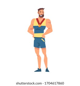 Muscular Sportsman Posing with Medal, Happy Male Athlete in Uniform Celebrating His Victory Vector Illustration