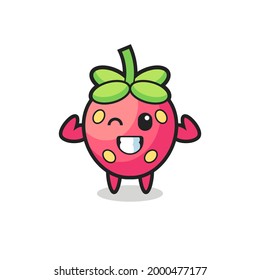 the muscular strawberry character is posing showing his muscles , cute style design for t shirt, sticker, logo element