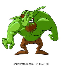Muscular, strong, angry green goblin. Colored cartoon vector illustration of character.