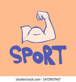 Muscular Strong Arm, Powerful Hand, Bicep. Gym, Bodybuilding, Sport Vector. Fitness, gym, health, power. Badge, icon, sticker, logo. Doodle Illustration with blue lettering isolated on pink background