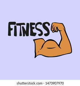 Muscular Strong Arm, Powerful Hand, Bicep. Gym, Bodybuilding, Sport Vector. Fitness, gym, health, power. Badge, icon, sticker, logo. Doodle Illustration with black lettering isolated blue background