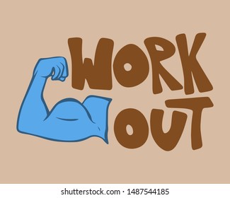 Muscular Strong Arm, Powerful Hand, Bicep. Gym, Bodybuilding, Sport Vector. Fitness, gym, health, power. Badge, icon, sticker, logo. Doodle Illustration with brown lettering isolated on background
