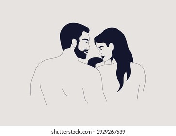 Muscular strong man hugs his woman which holds her baby son or daughter in her arms. Young family cuddy her child and snuggle him. Couple in love with a newborn. Vector illustration