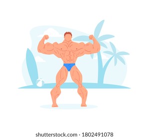 Hombre fuerte muscular posando en la playa, hombre atlético personaje de culturista en truncos de natación mostrando sus músculos Vector de dibujos animados Ilustración