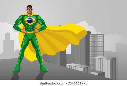 Super-herói muscular usando traje inspirado nas insígnias brasileiras, de pé heroicamente em cima de um prédio da cidade